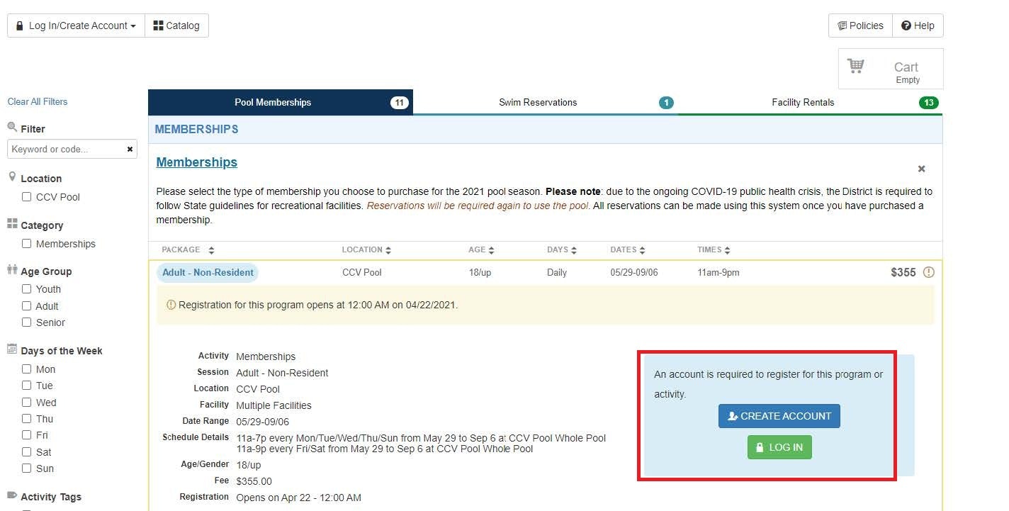 Pool membership registration page for non-residents. Requires account login to register. Price: $355. Registration starts 04/22/2021.