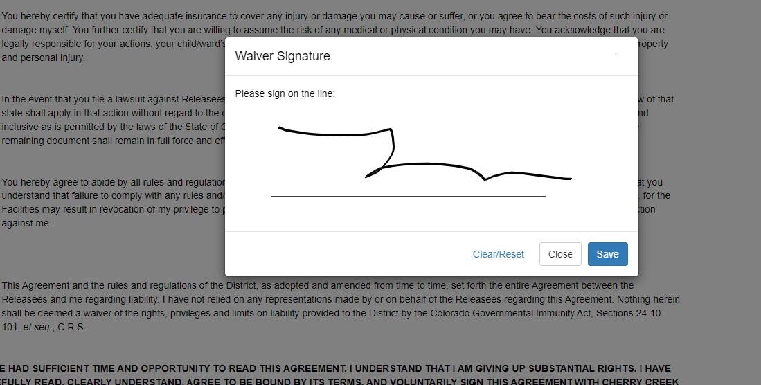 Waiver Signature window with a digital signature, buttons for Clear/Reset, Close, and Save over text background.