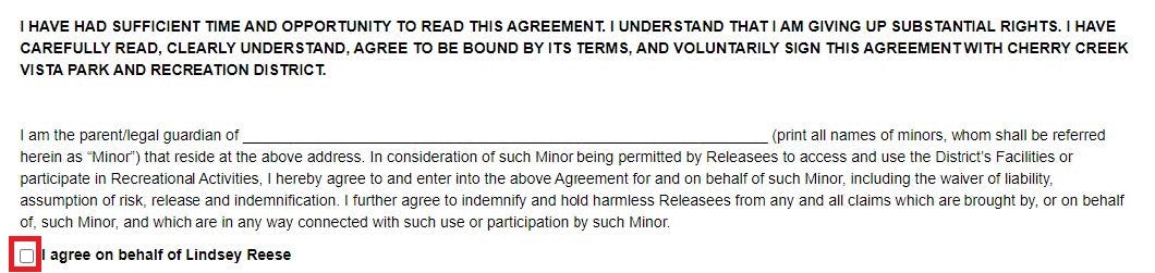 Legal agreement for guardians, with checkbox "I agree on behalf of Lindsey Reese" about Cherry Creek Vista Park participation.