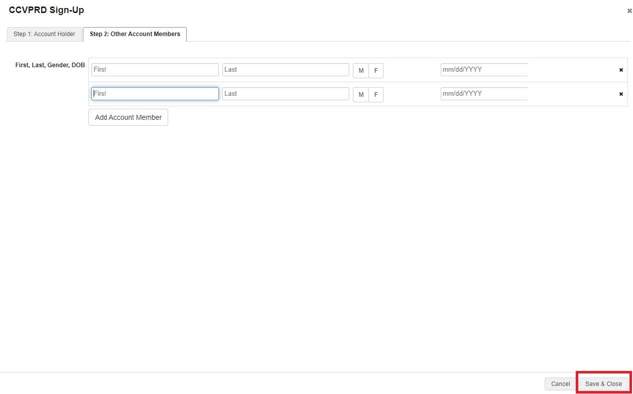 Signup form for adding account members with fields for name, gender, DOB, and buttons for adding members, canceling, and saving.