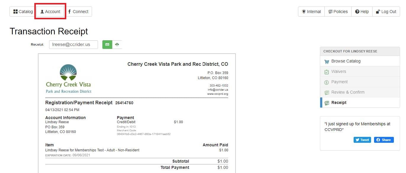 Transaction receipt from Cherry Creek Vista Park and Rec District, CO for a $1 payment.