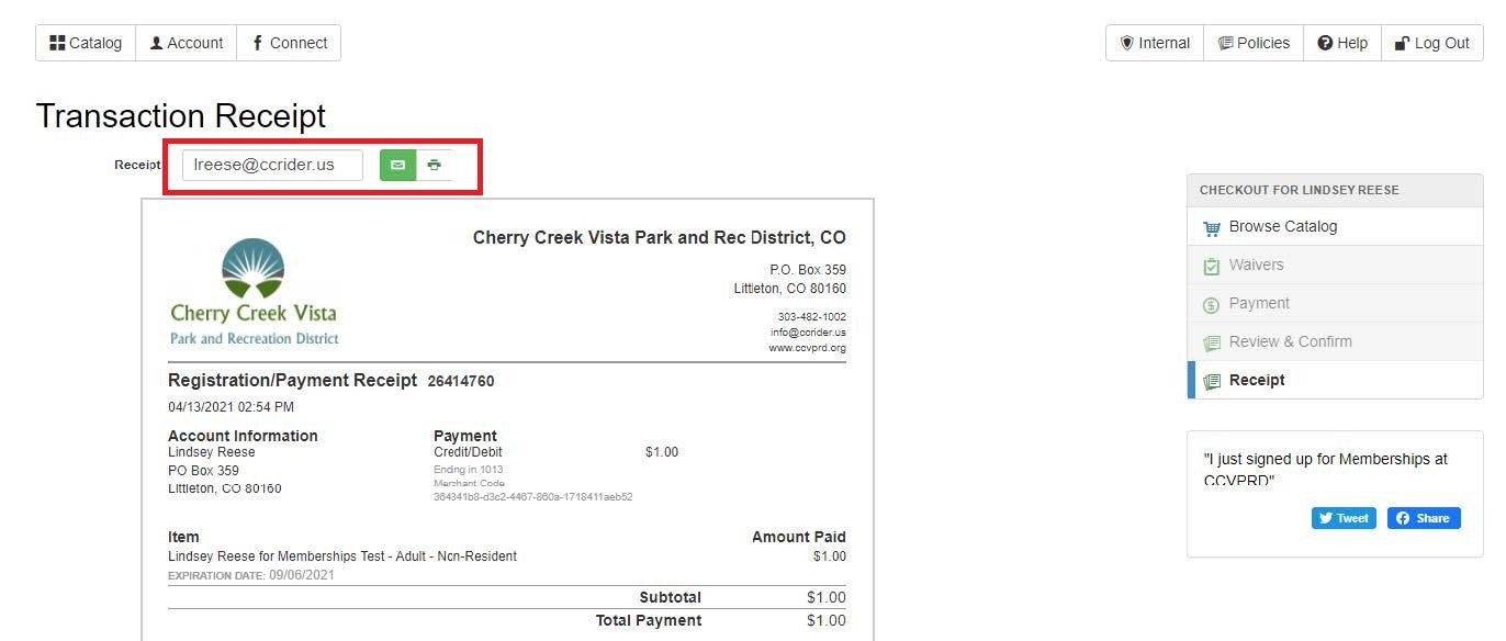 A transaction receipt for $1 from Cherry Creek Vista Park and Recreation District, Littleton, CO.