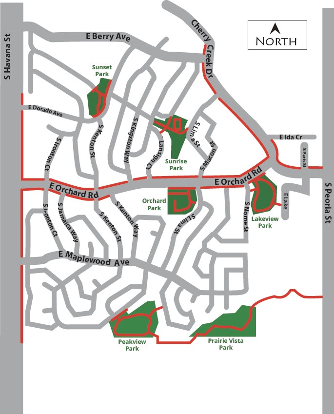 Simplified map showing roads, parks, and cardinal direction.