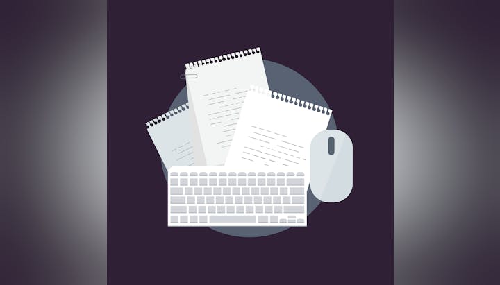 Keyboard, mouse, and three spiral notebooks on a dark background.