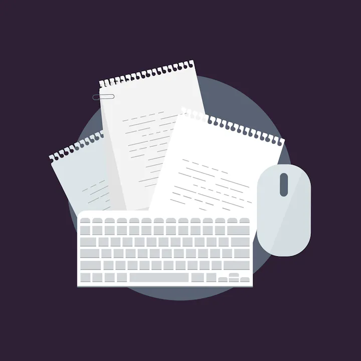 Keyboard, mouse, and three spiral notebooks on a dark background.