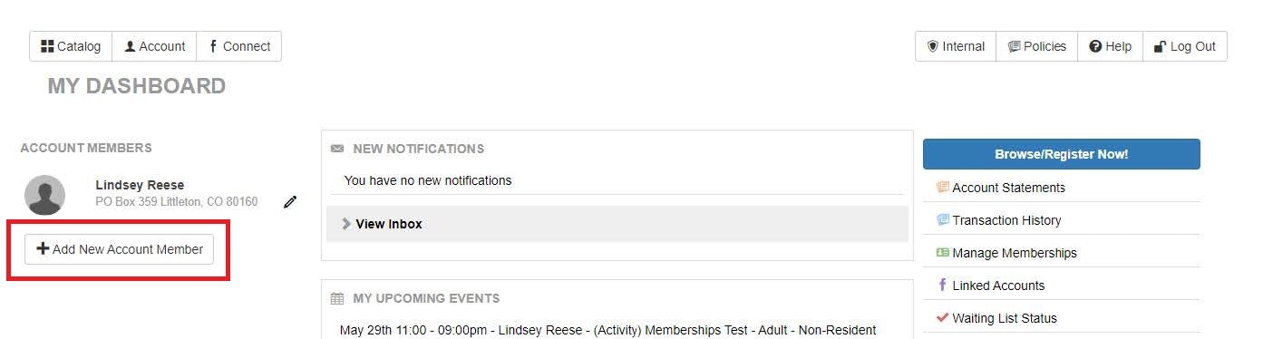 Dashboard with user info, option to add account member, notifications, and upcoming events.