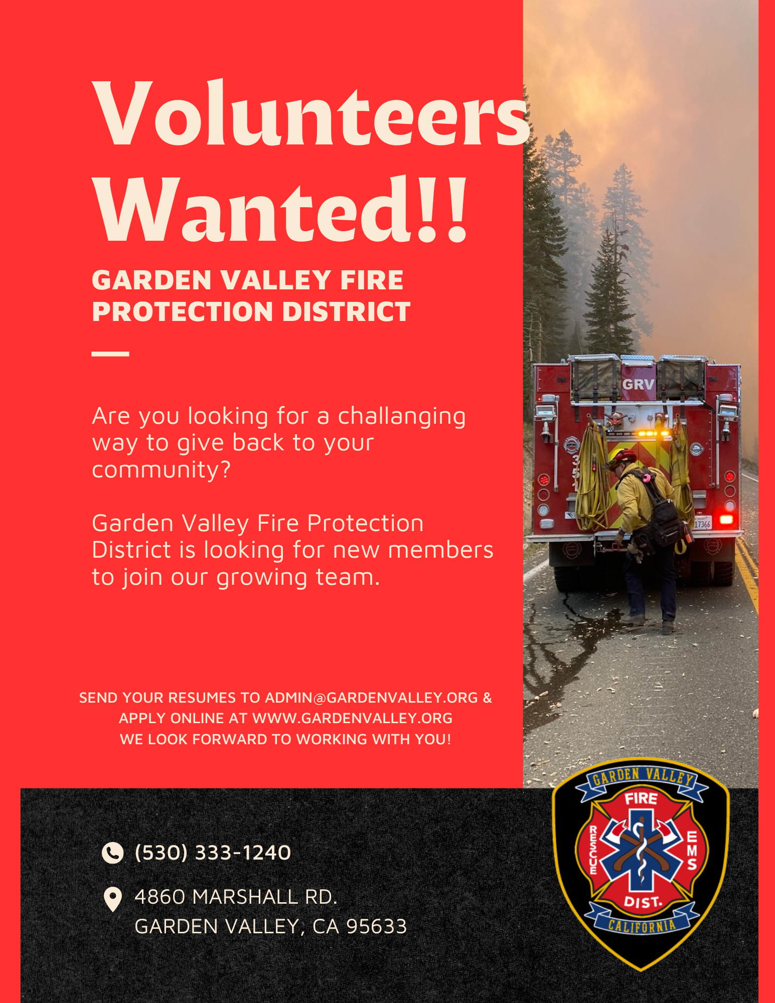 A poster seeking volunteer firefighters for Garden Valley Fire Protection District, with contact details and an image of a fire truck.
