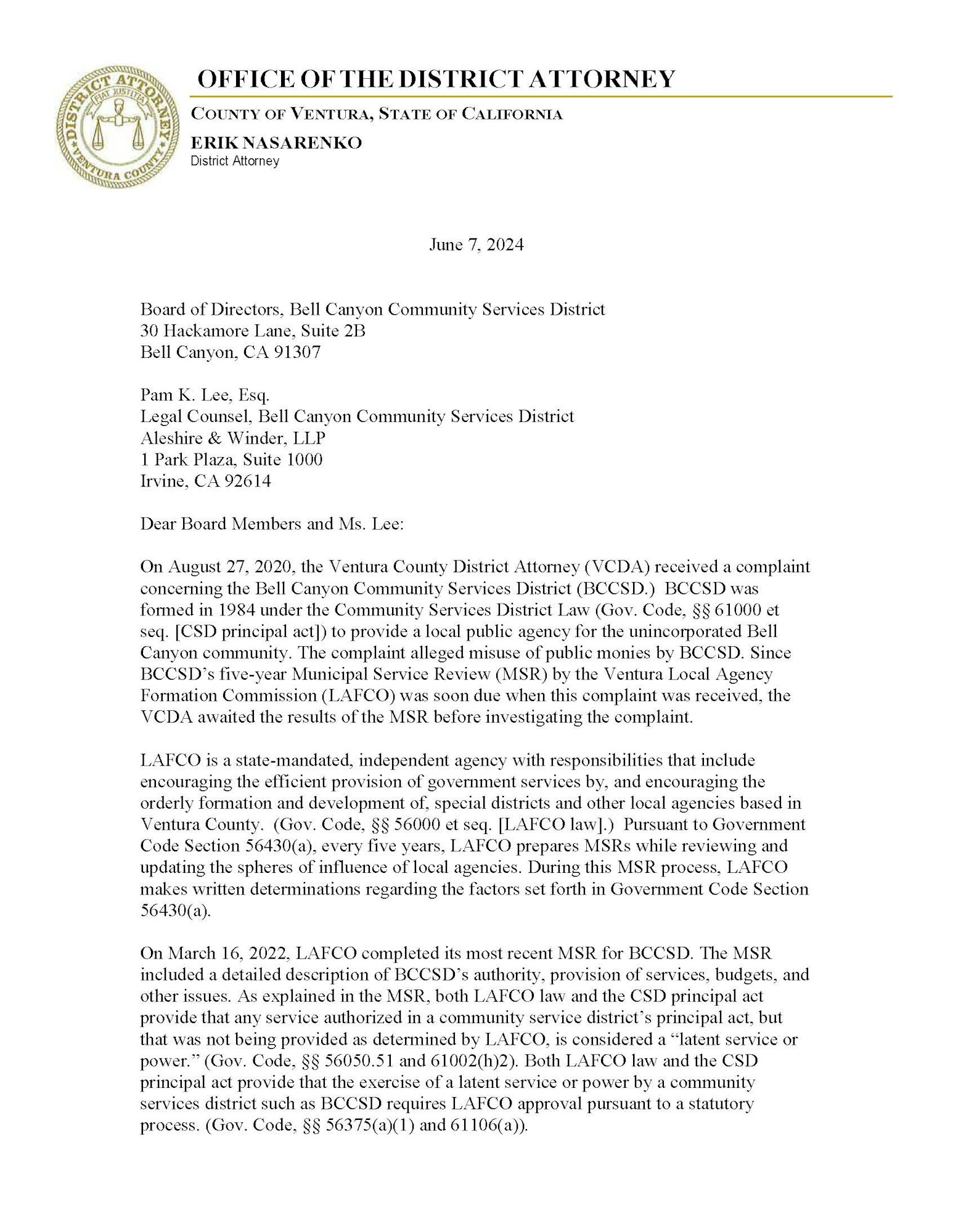 An official letter from the Ventura County District Attorney's office dated June 7, 2024, addressing an investigation regarding a complaint.