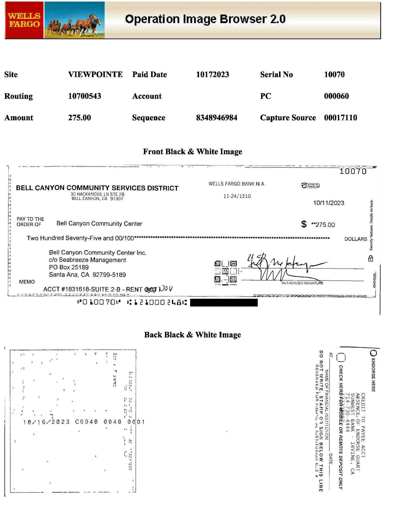 It's a scanned image of a Wells Fargo check displayed in Operation Image Browser 2.0 software.