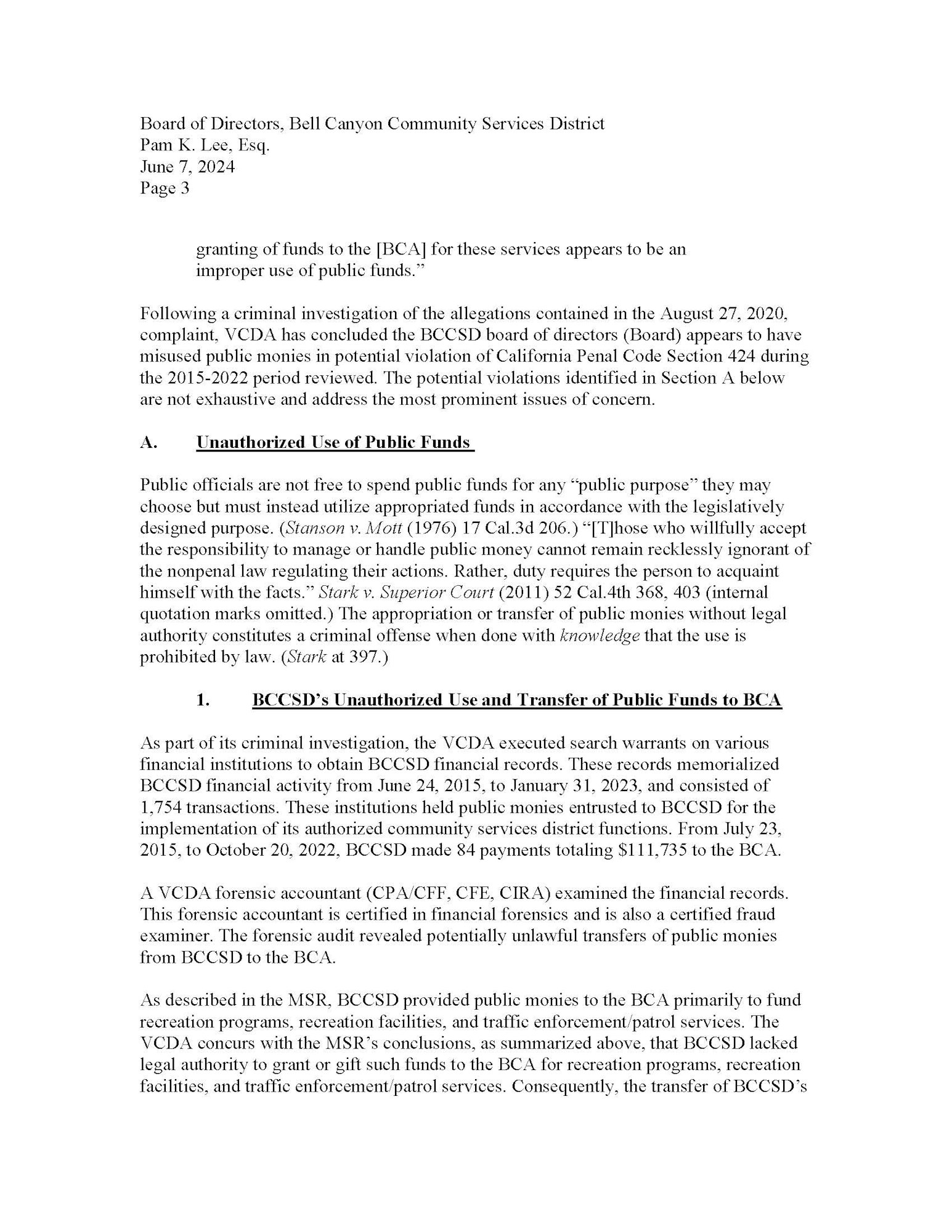Document excerpt discussing unauthorized use of public funds by Bell Canyon Community Services District, referencing California Penal Code.