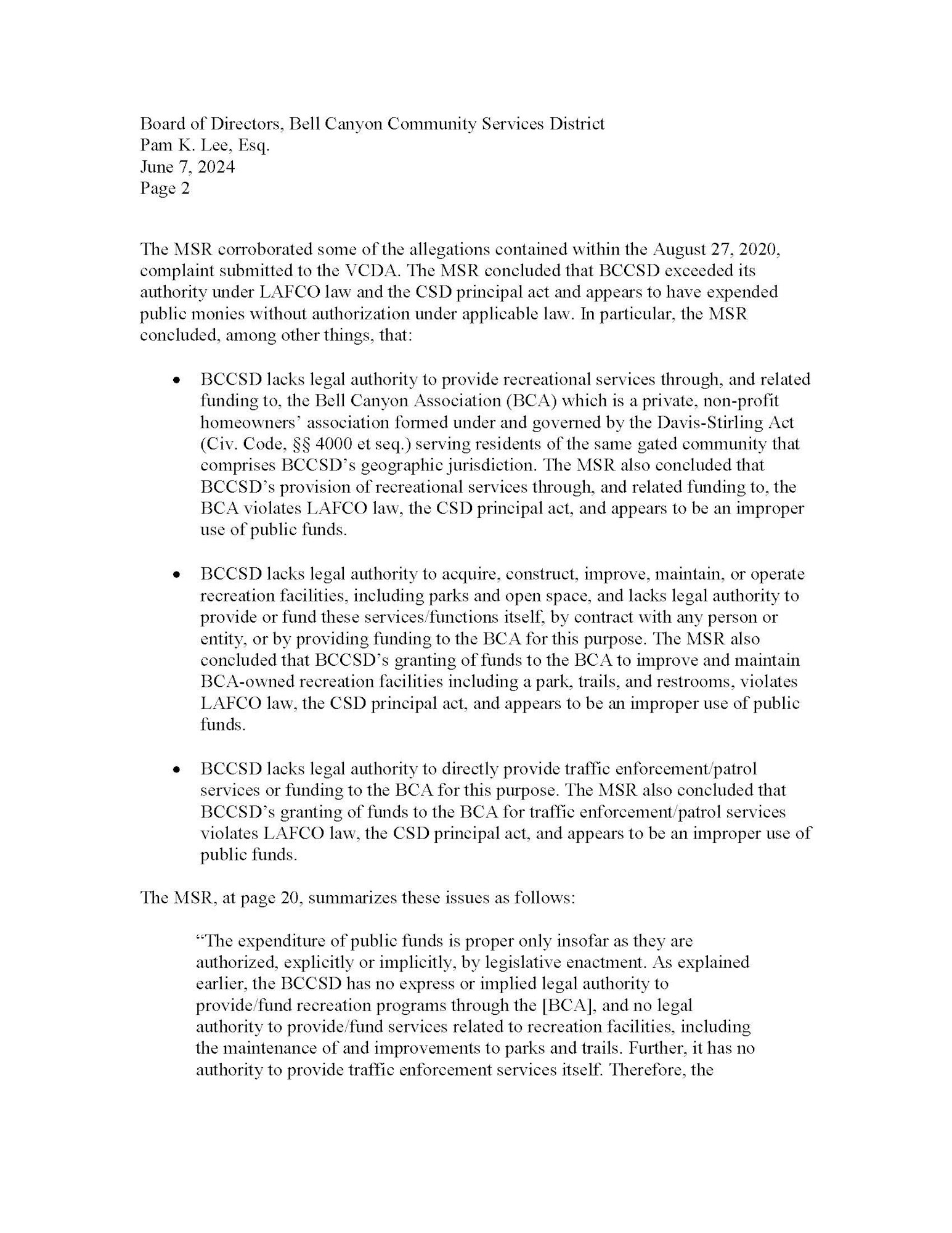 This image contains a text excerpt from a legal document discussing the misuse of public funds by the Bell Canyon Community Services District.