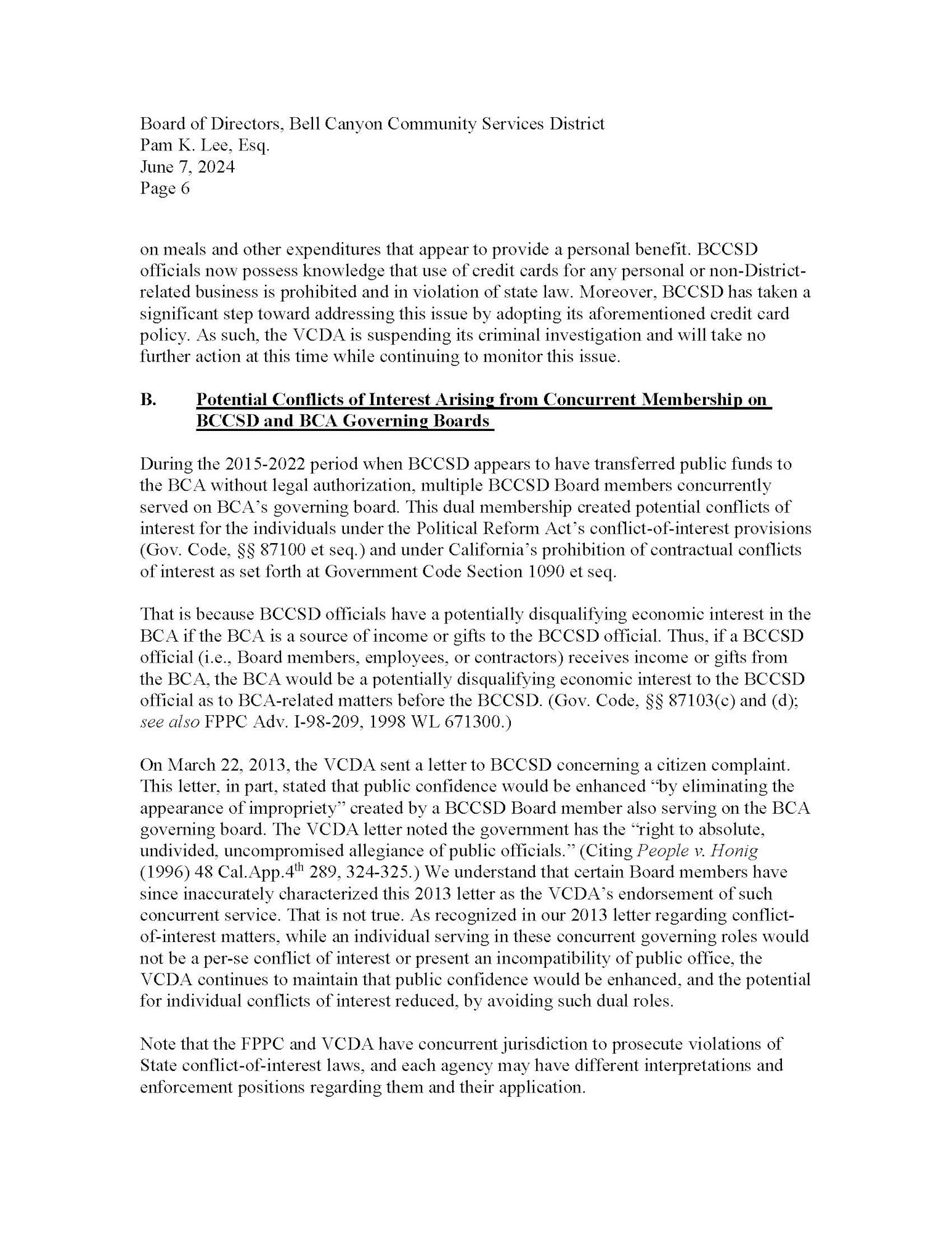 A document discussing potential conflicts of interest from concurrent membership on BCCSD and BCA Governing Boards.