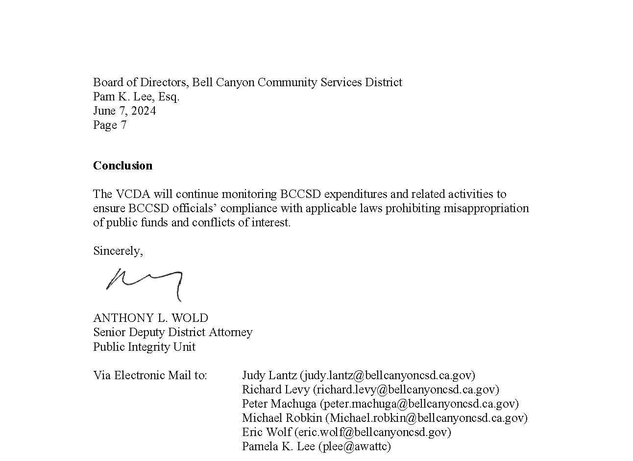 A letter stating the VCDA will monitor BCCSD expenditures for compliance with laws against misappropriation of funds.