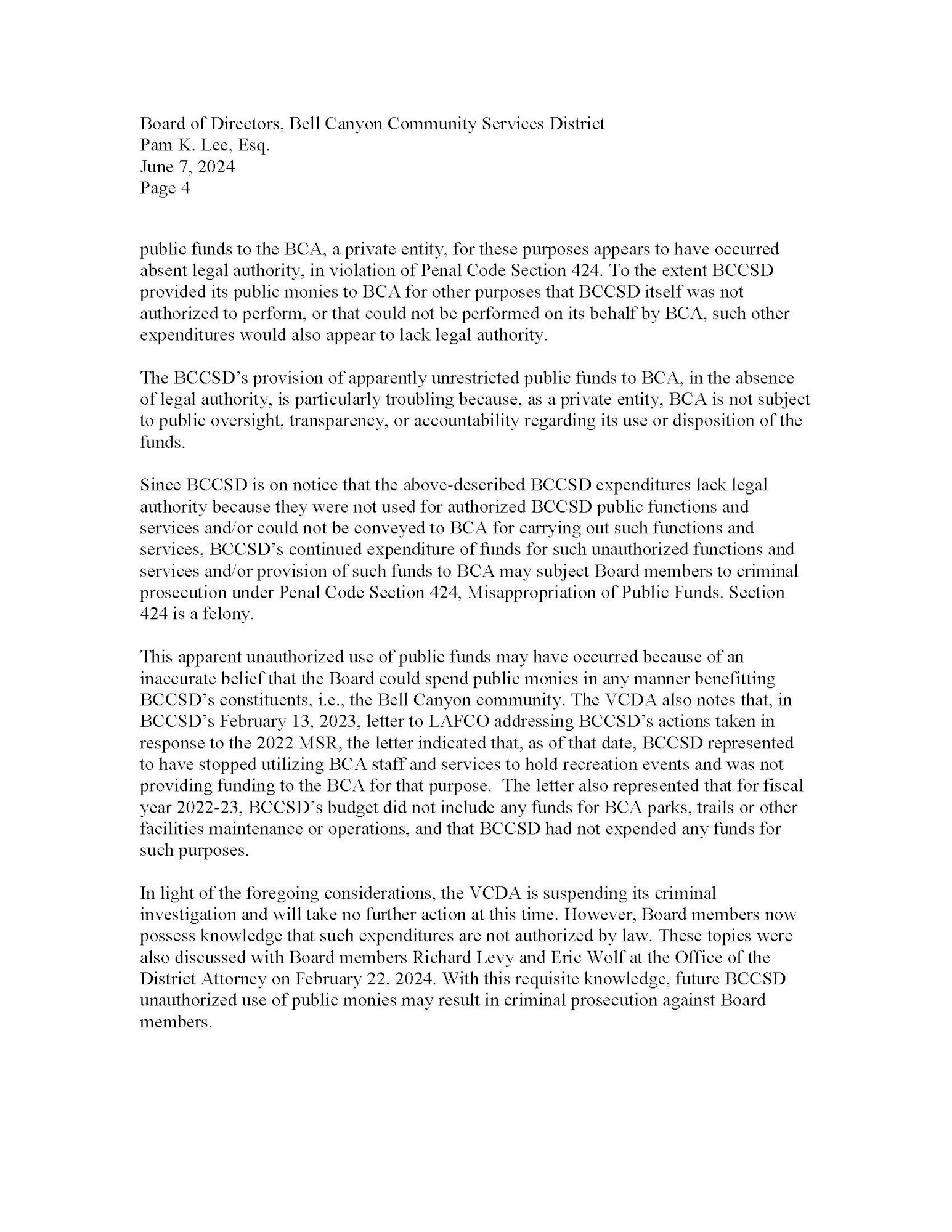 A letter to the Bell Canyon Community Services District discussing potential unauthorized use of public funds and legal implications.