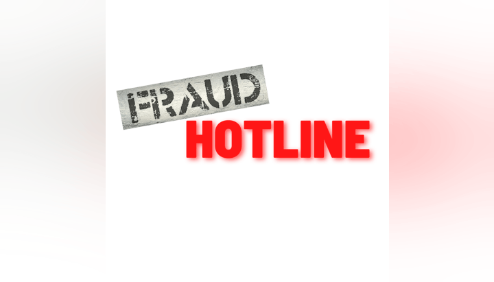The image displays the words "Fraud Hotline" with "Fraud" in stamped text and "Hotline" in red block letters.