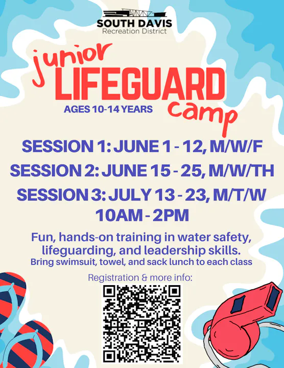 Junior Lifeguard Camp for ages 10-14, June 1-12 and July 13-23. Hands-on training in water safety. Bring lunch!