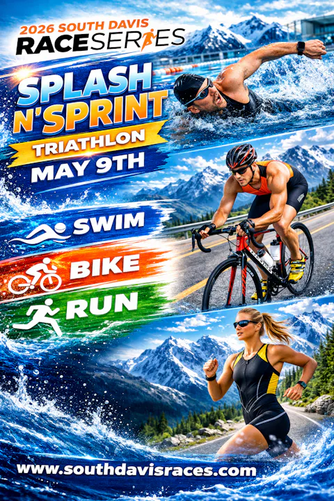 Promotional image for the 2026 South Davis Splash N' Sprint Triathlon on May 9th, featuring swim, bike, and run events.