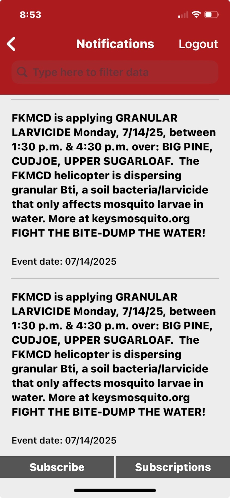 FKMCD applying larvicide via helicopter on 7/14/25 at Big Pine, Cudjoe, Upper Sugarloaf to target mosquito larvae.