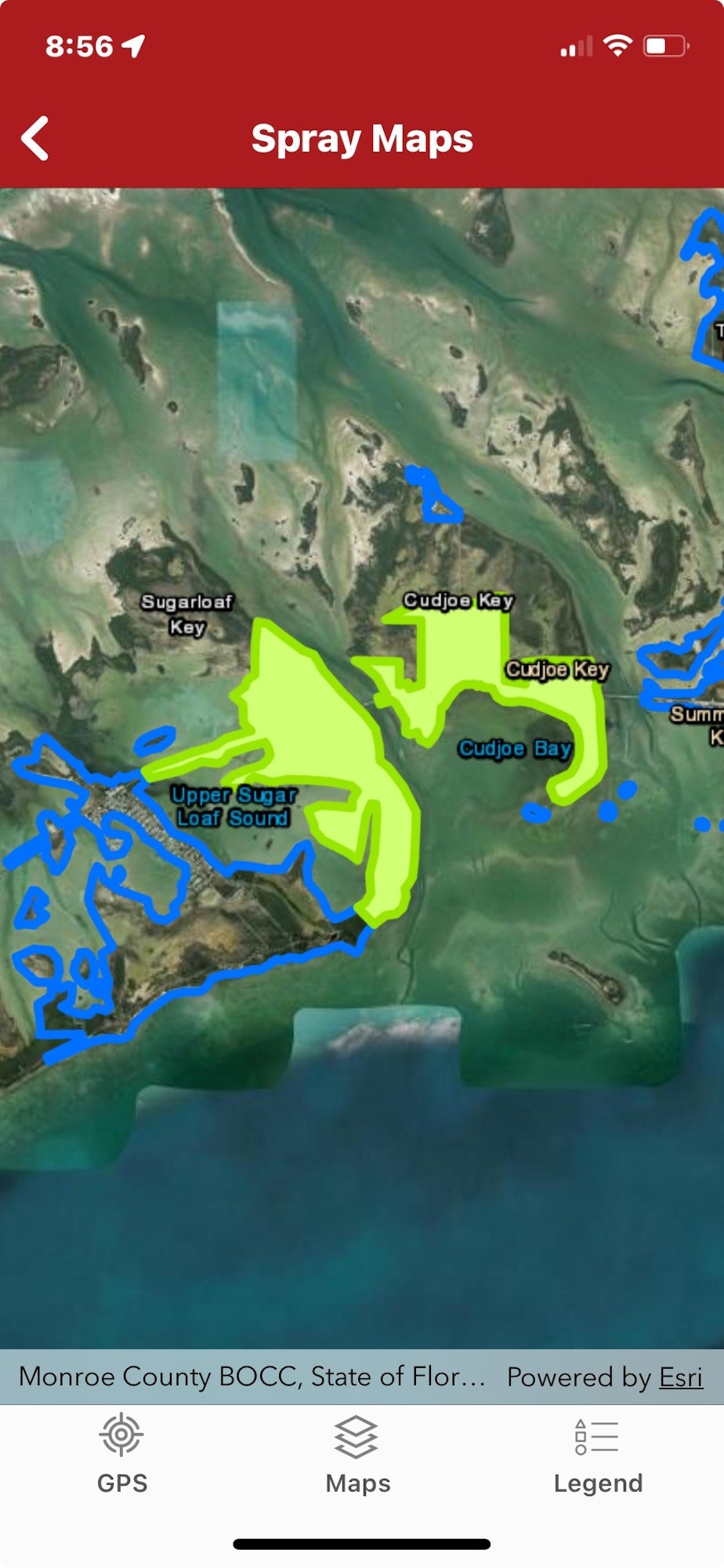 Map of Cudjoe Bay and Upper Sugarloaf Sound with highlighted spray areas.