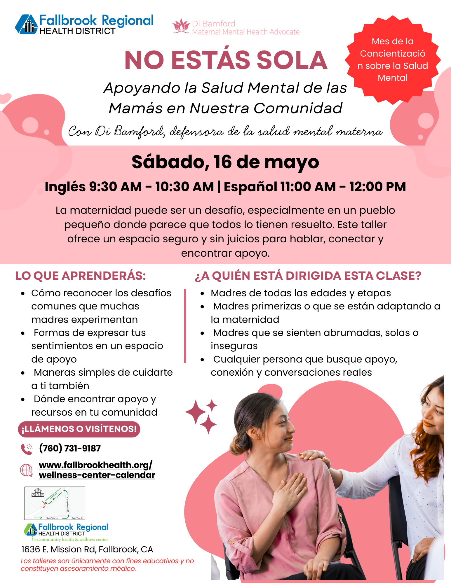 Flyer for a mental health workshop for mothers, with sessions in English and Spanish on May 16. Focuses on support and connection.