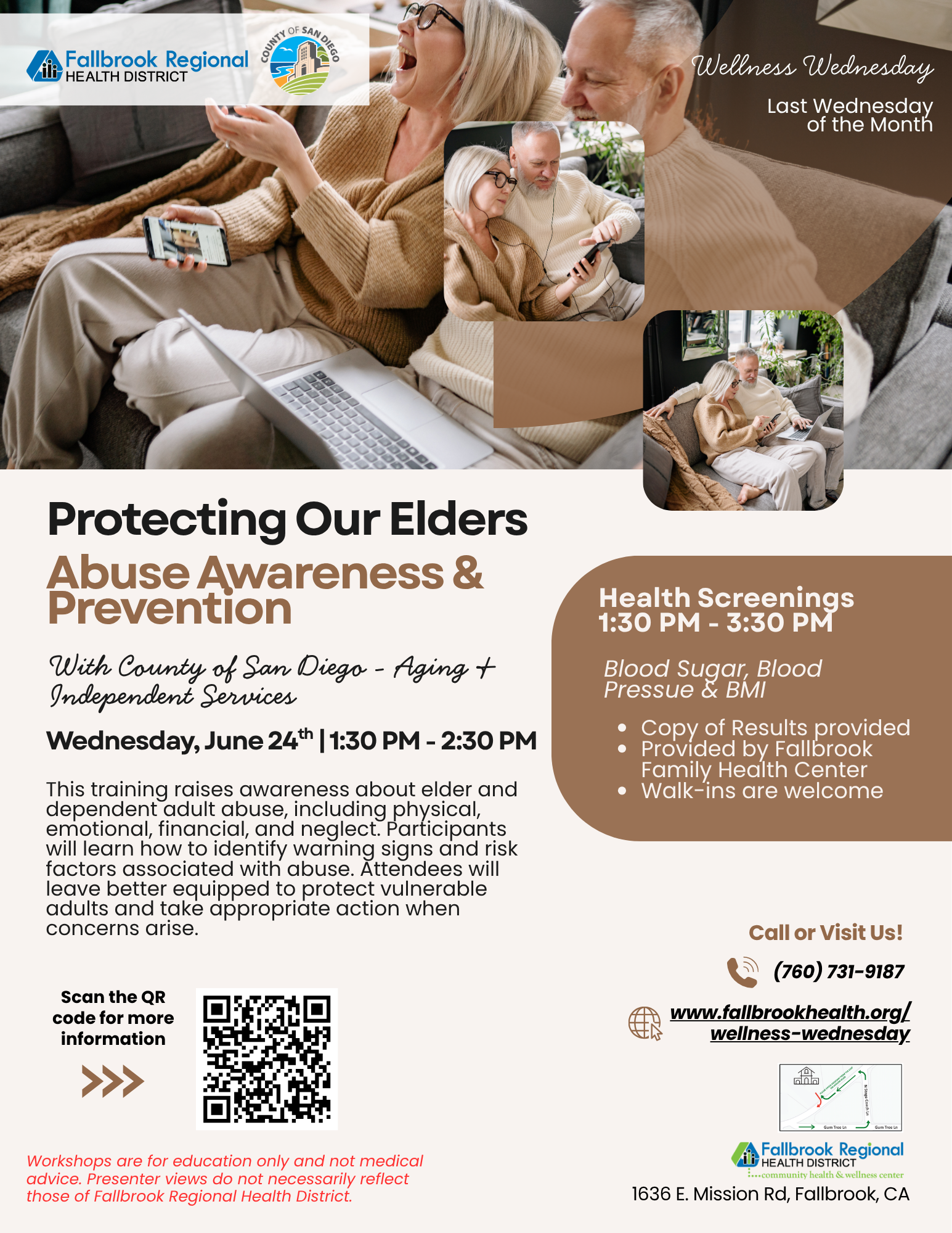 A workshop on elder abuse awareness is scheduled for June 24th, 1:30-2:30 PM, with health screenings from 1:30-3:30 PM.