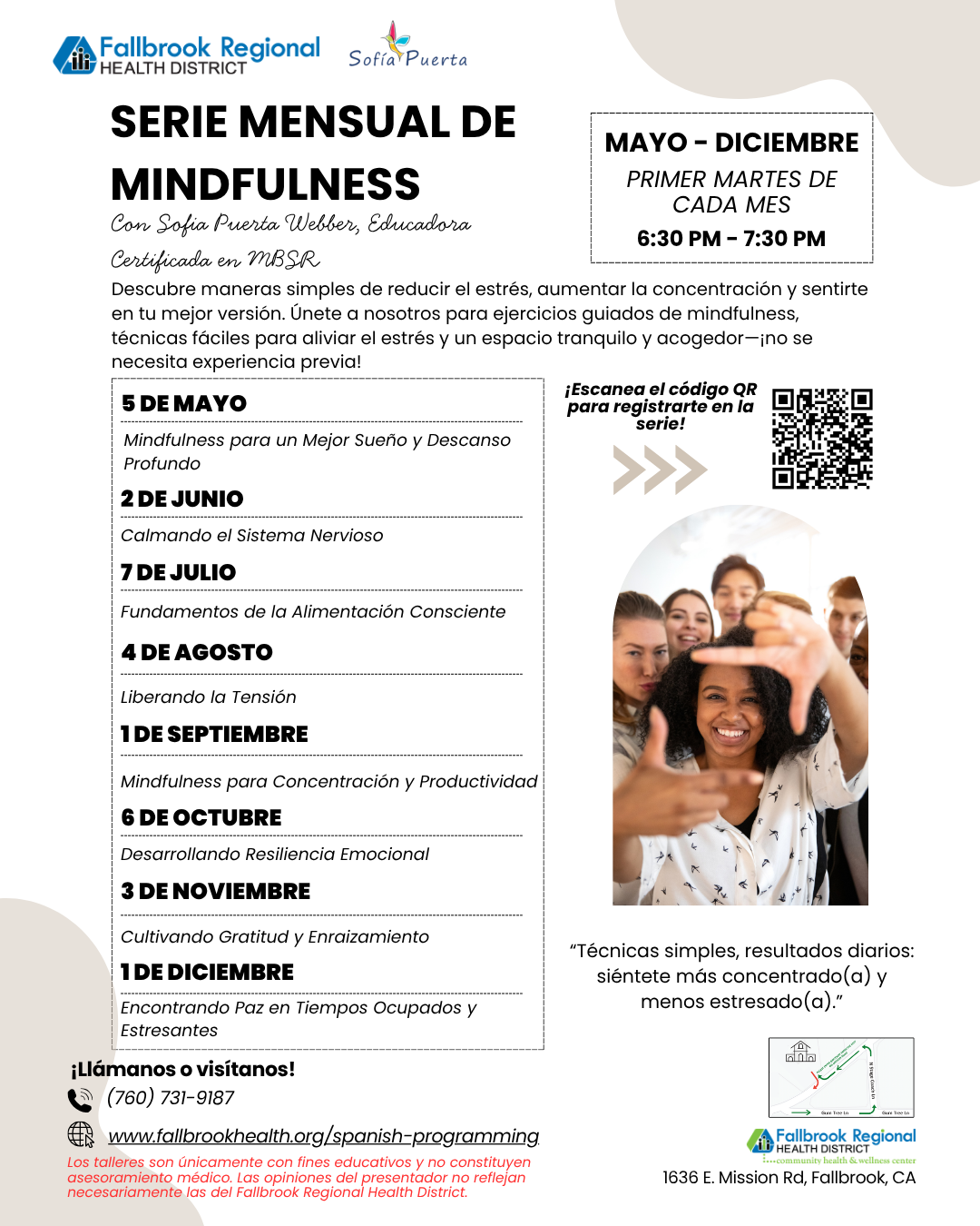 Monthly mindfulness series led by Sofia Puerta Webber, focusing on stress reduction and techniques. Runs May-Dec, every first Tuesday.