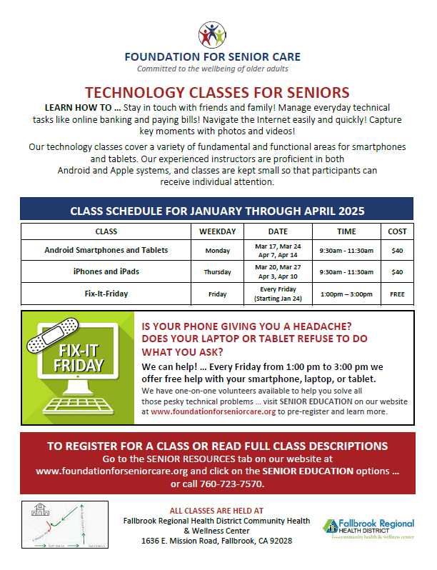 Senior care organization offers technology classes for Android/Apple devices in 2025. Classes are $40, with free tech help on Fridays.