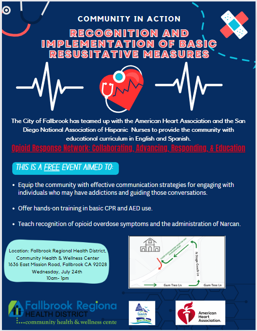 A flyer for a free community event on CPR, AED use, and opioid overdose response in Fallbrook, with training and education.