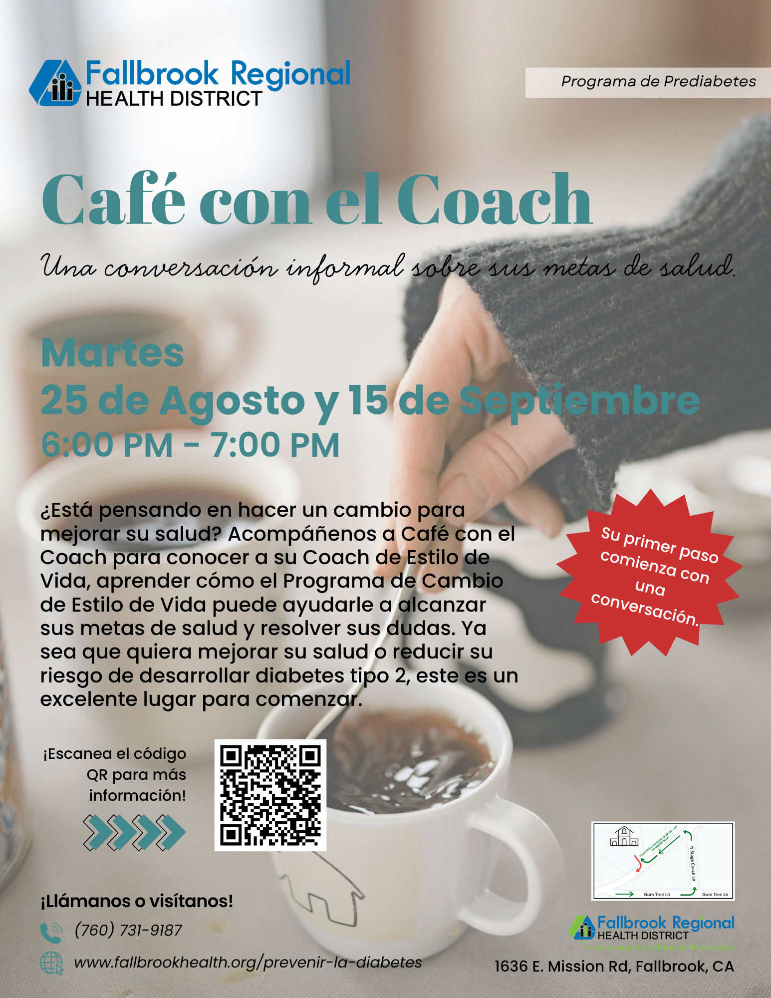 Event: "Café con el Coach" for health goals, on Aug 25 & Sept 15 from 6-7 PM. Info: Fallbrook Regional Health District.