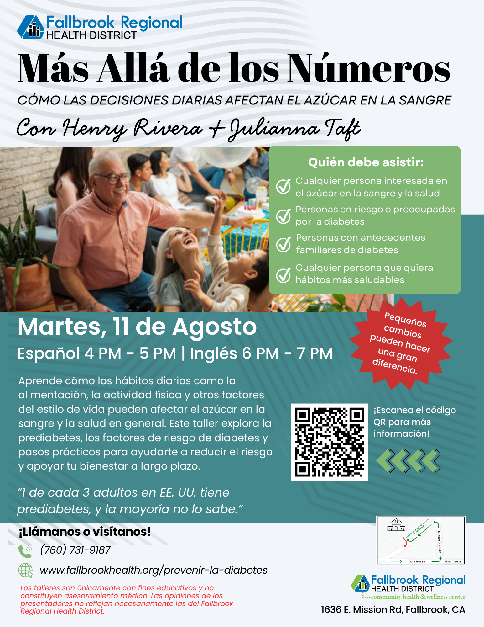 Event on August 11 about managing blood sugar through daily choices. Spanish 4-5 PM, English 6-7 PM. Free, open to all.