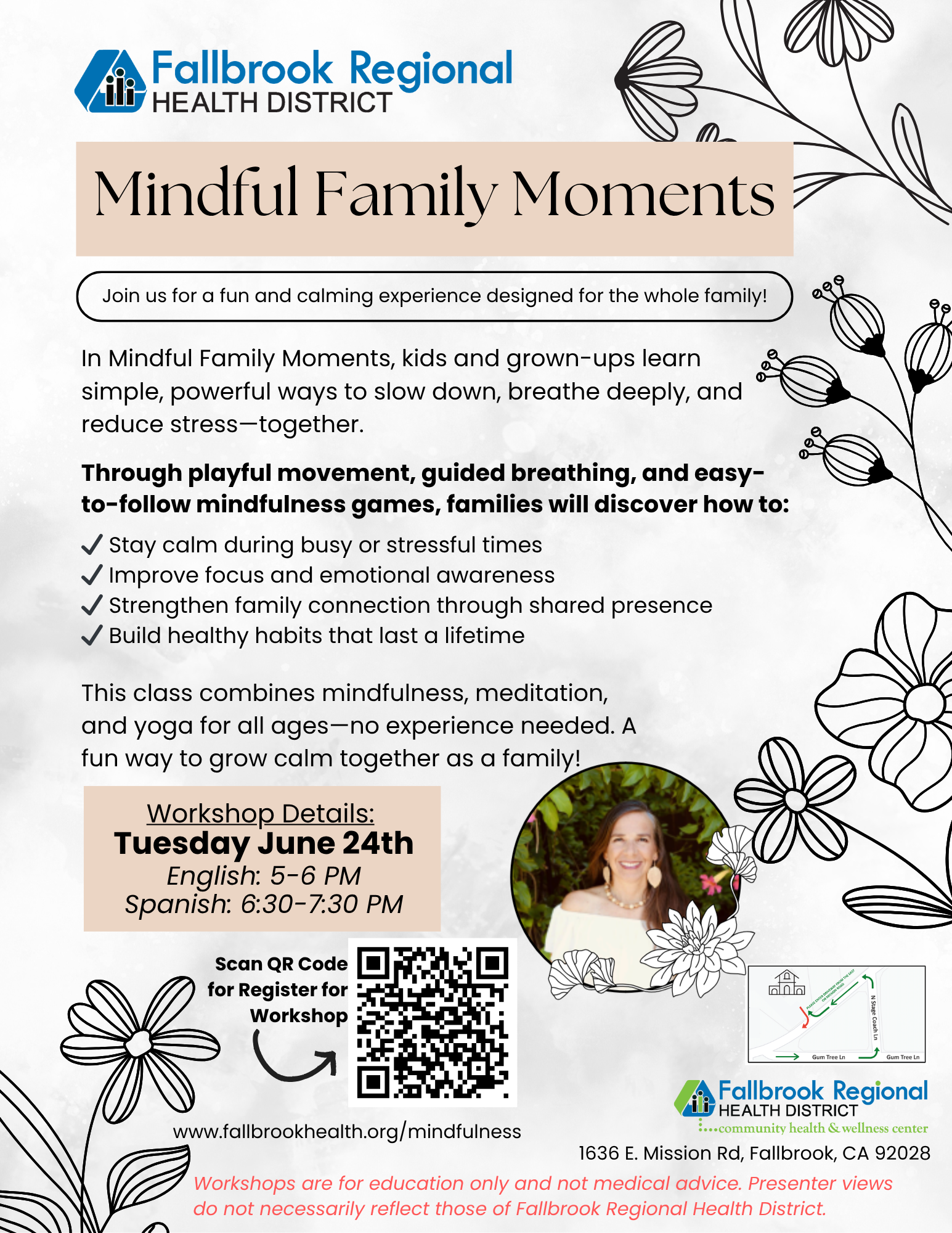 Mindful Family Moments workshop: June 24th, mindfulness activities for families. Includes meditation, yoga. Register via QR code.
