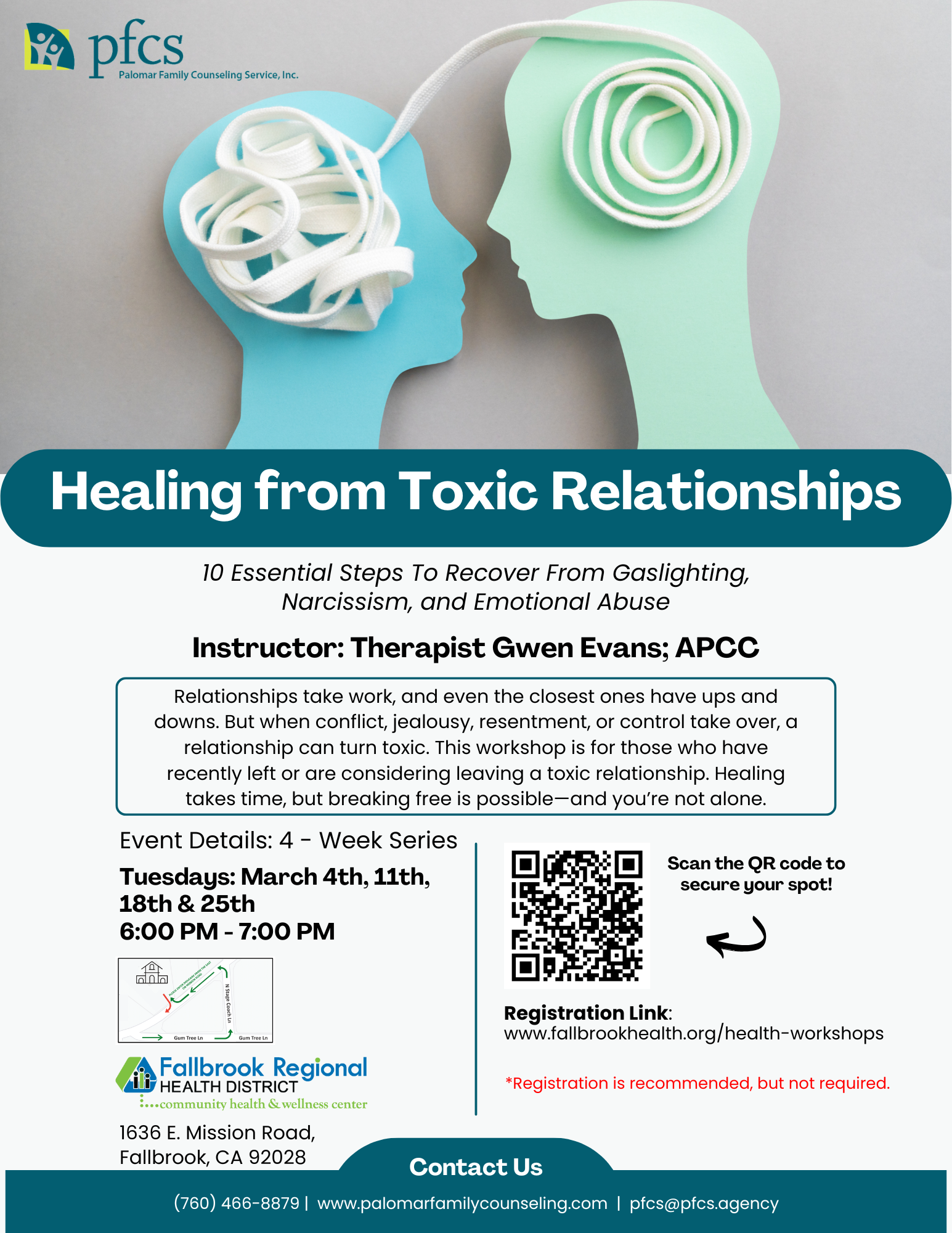 Workshop flyer on healing from toxic relationships, with dates, location, and a QR code for registration.