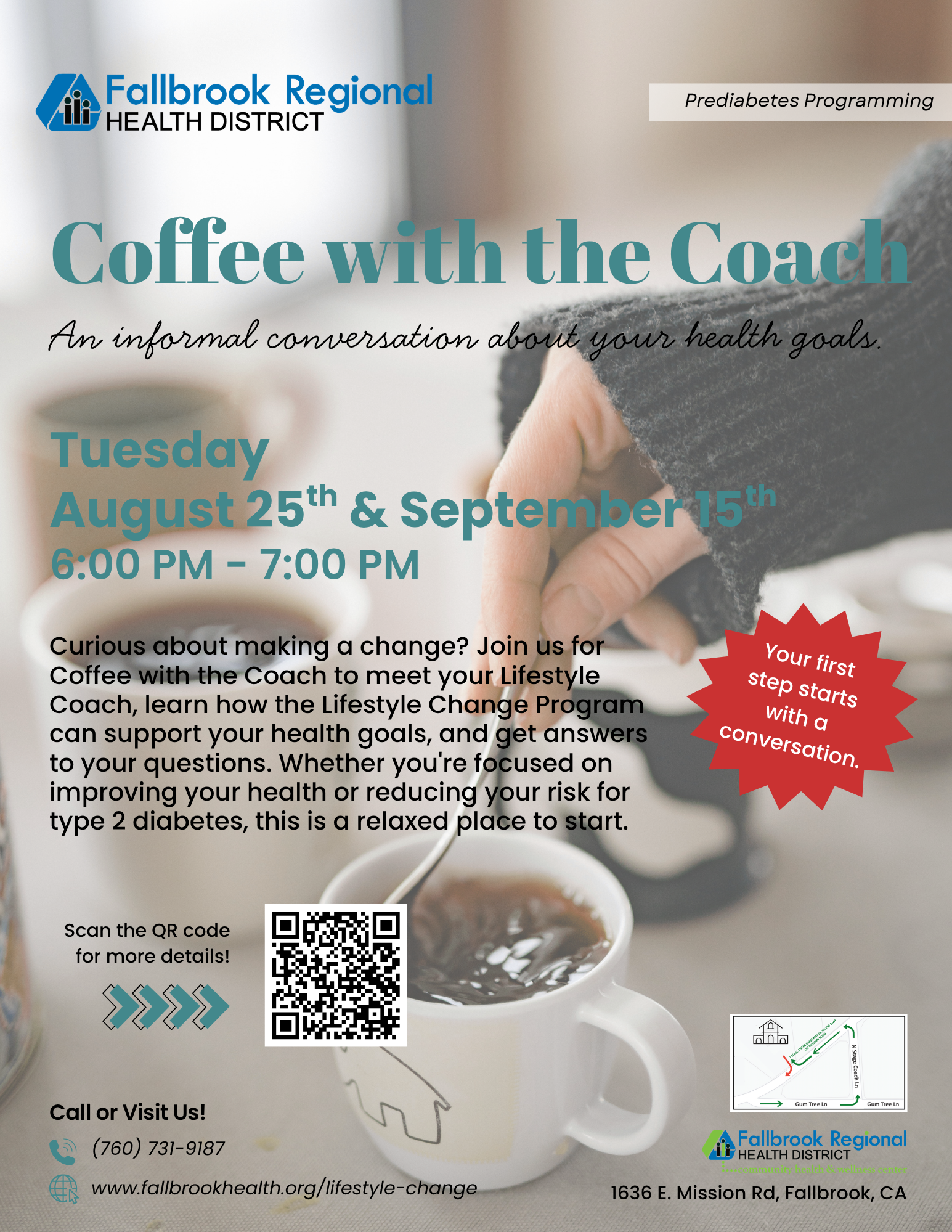 Event invite for "Coffee with the Coach" at Fallbrook Regional Health District on Aug 25 & Sept 15 to discuss health goals.