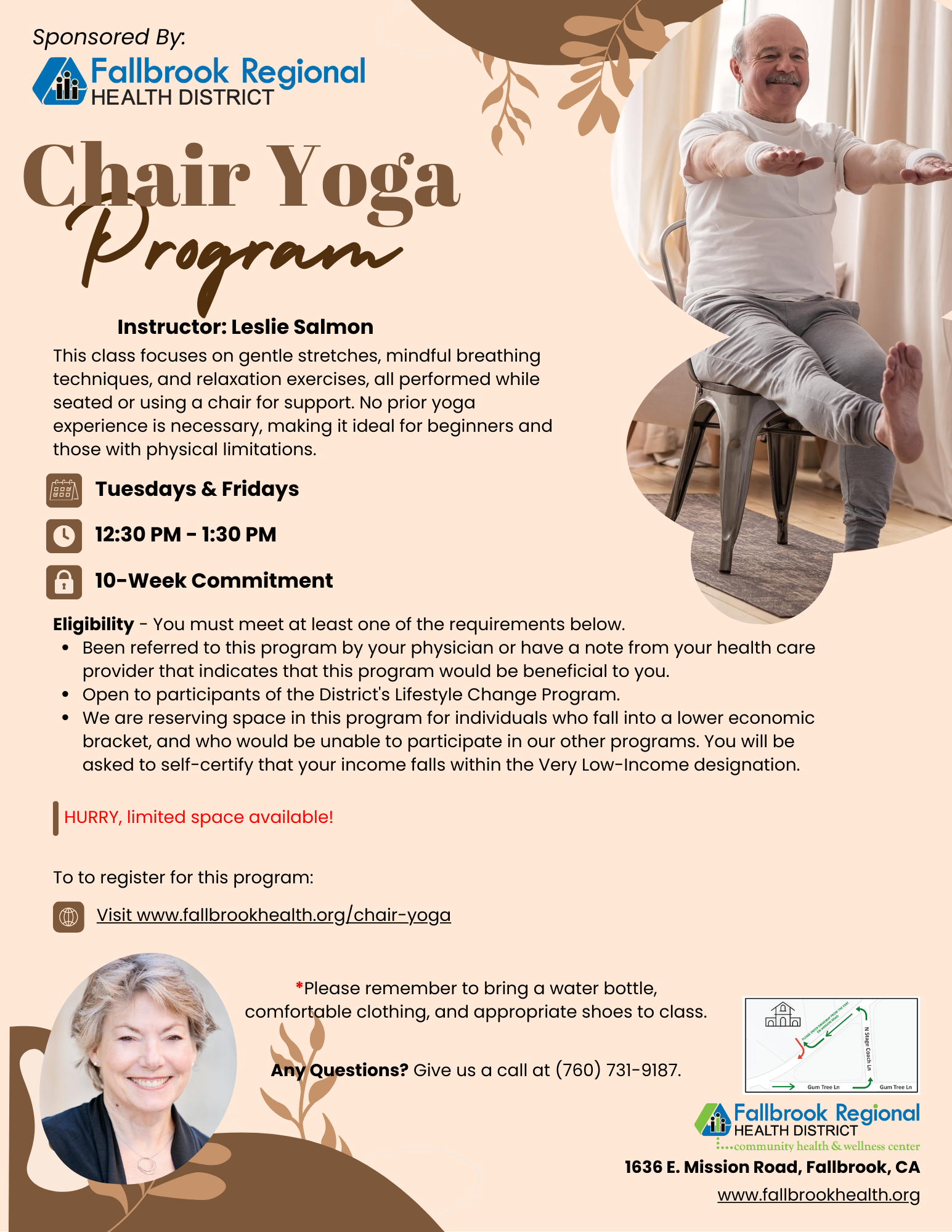 Chair Yoga Program flyer with details on schedule, eligibility, and registration. Sponsored by Fallbrook Regional Health District.