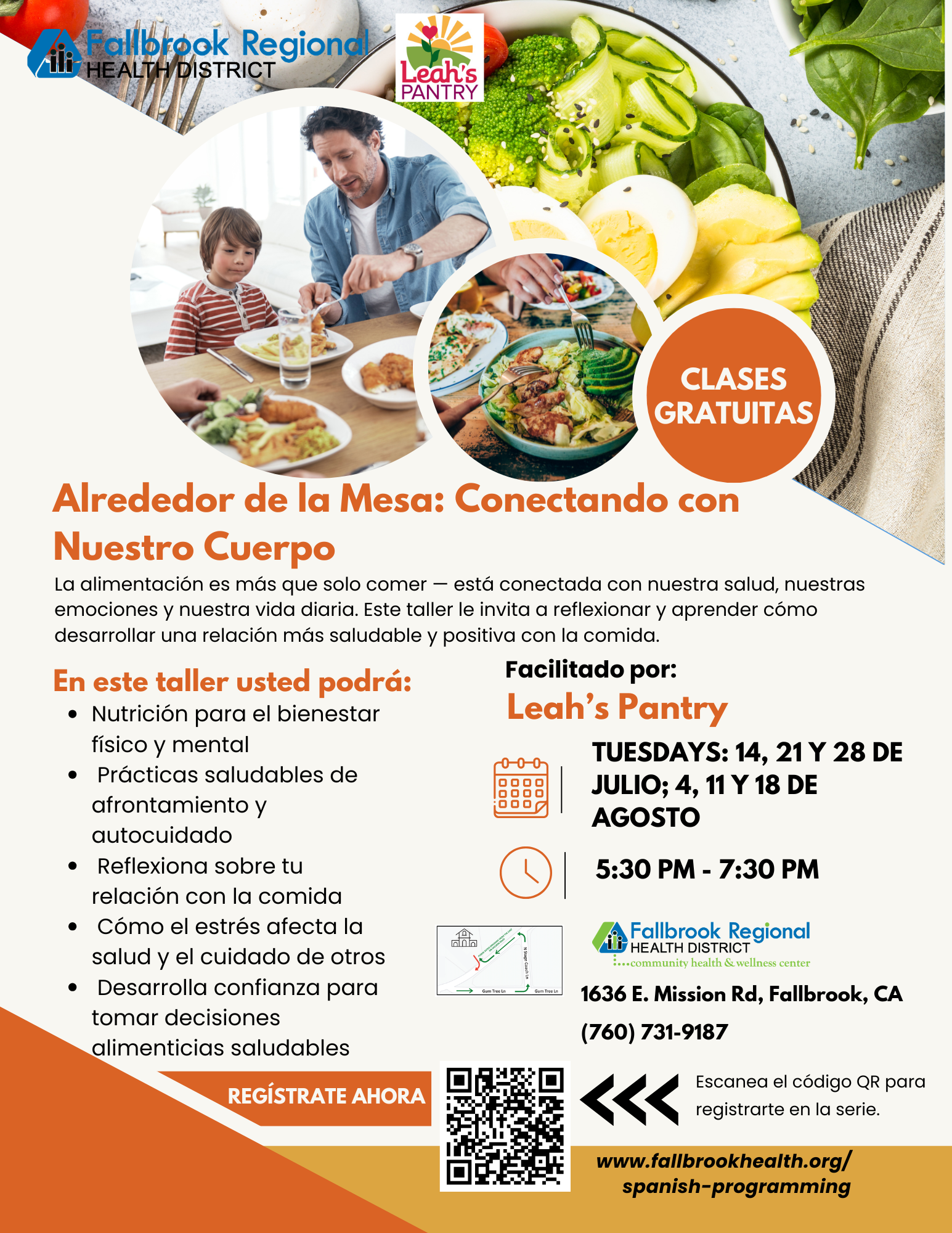 Free nutrition workshop by Leah's Pantry in Fallbrook, focusing on healthy eating and emotional well-being. Classes in July and August.