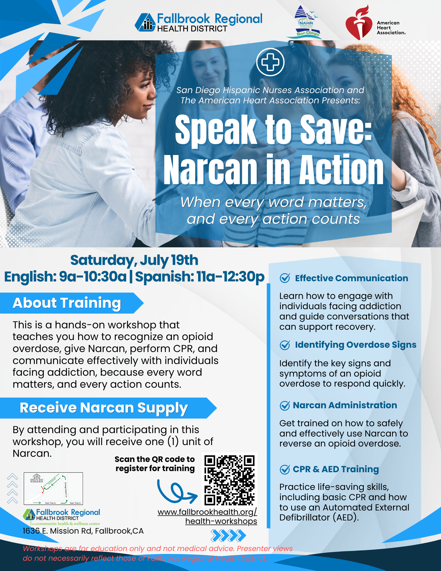 Workshop on Narcan use, overdose recognition, and CPR training in Fallbrook. Event on July 19th in English and Spanish.
