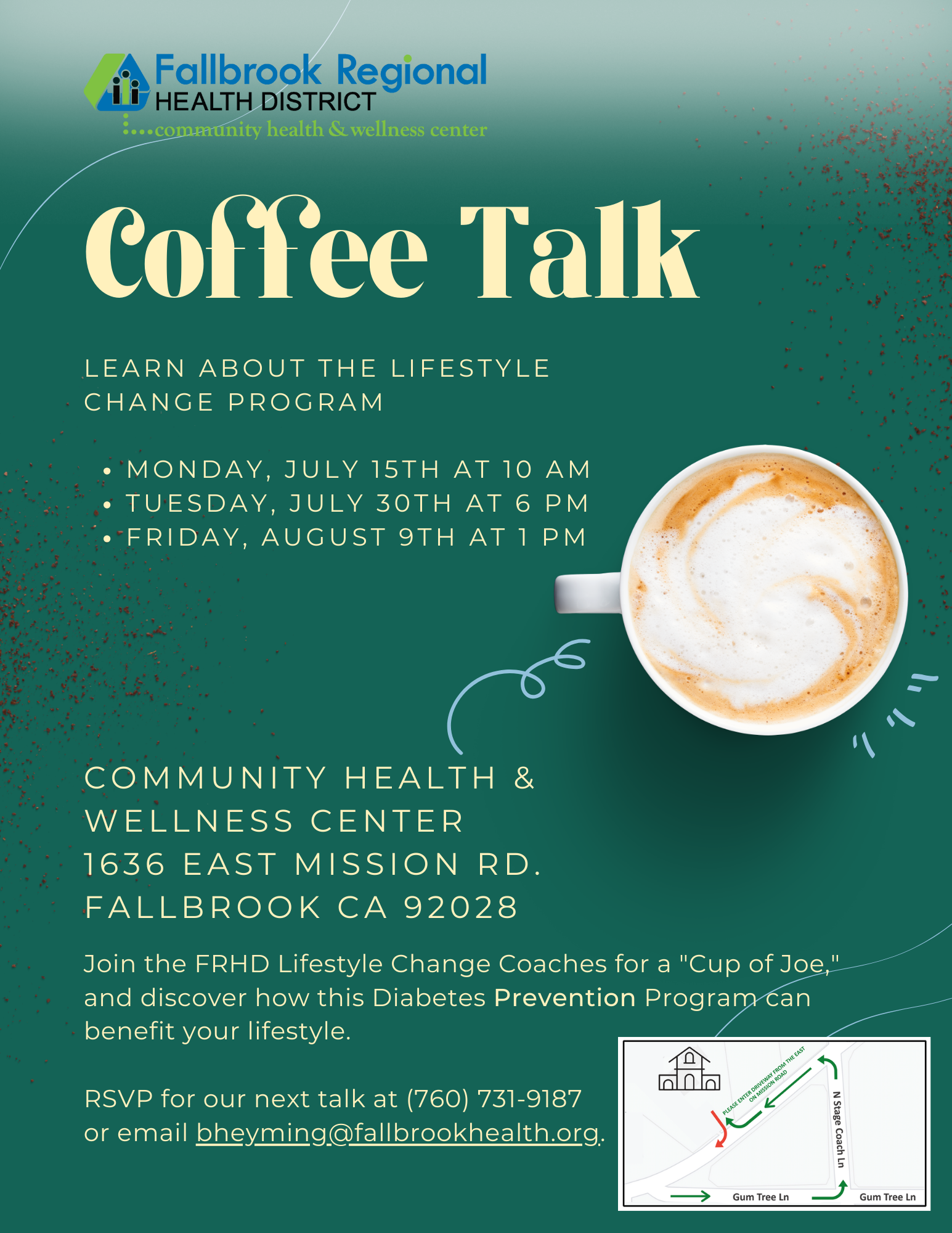 A flyer for a "Coffee Talk" event discussing a lifestyle change program, with dates, location, and contact info.