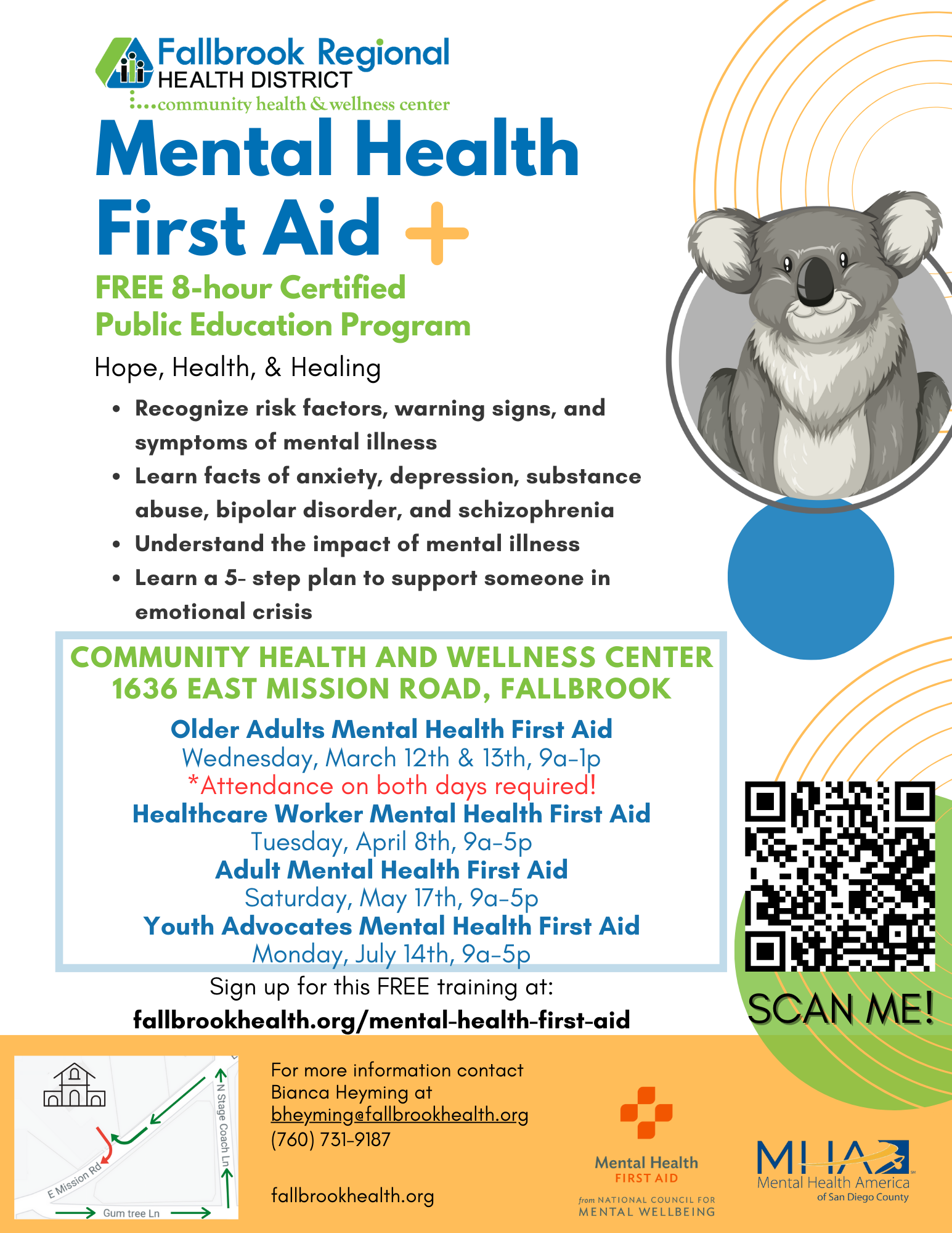 Mental Health First Aid flyer: Free 8-hour program in Fallbrook. Dates: March 12-13, April 8, May 17, July 14. Sign up online.