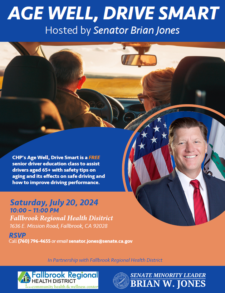 An event flyer for "Age Well, Drive Smart," hosted by a senator, offering a free senior driver education class.