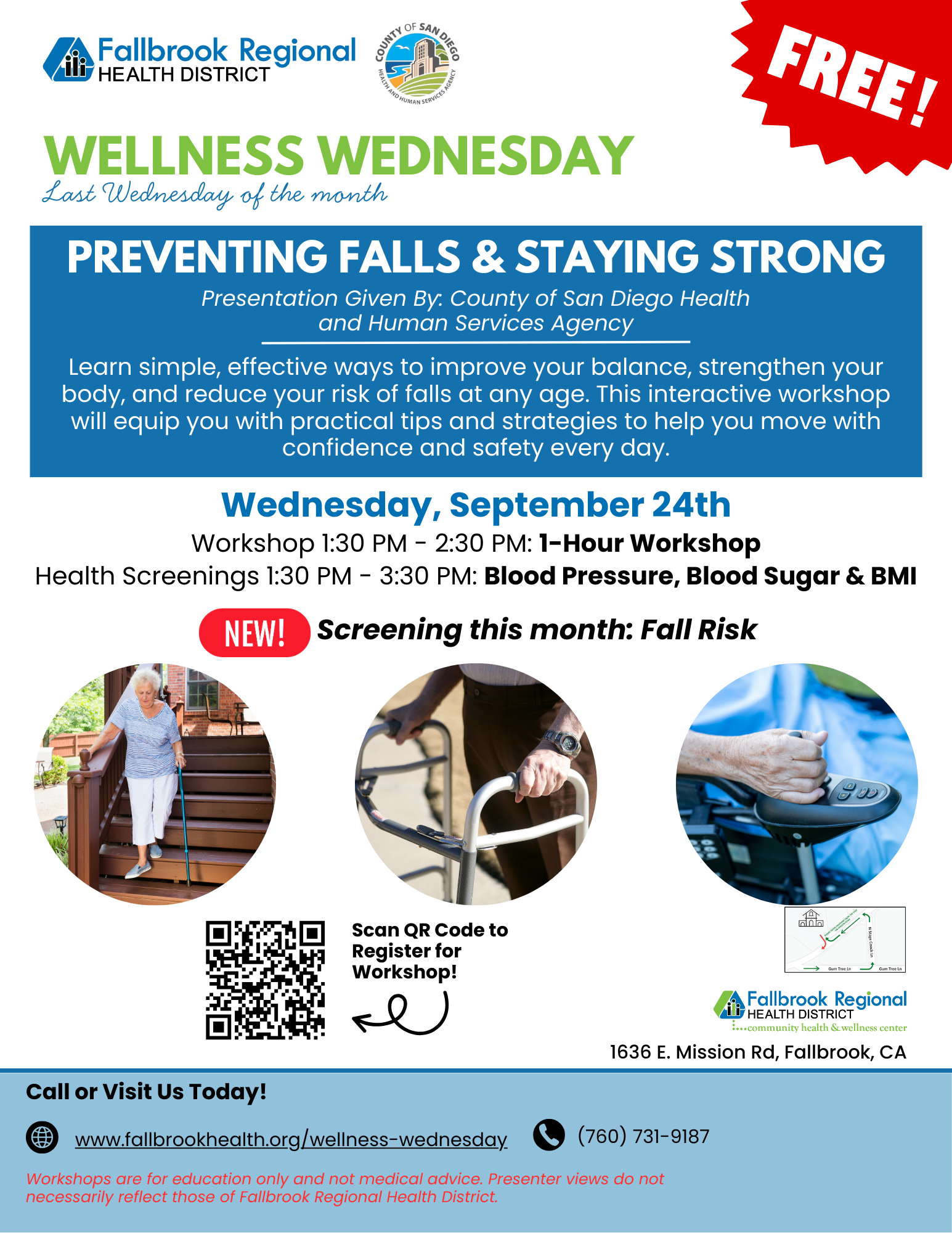 Free wellness event on September 24th. Preventing falls workshop, health screenings. Register via QR code. Call (760) 731-9187.