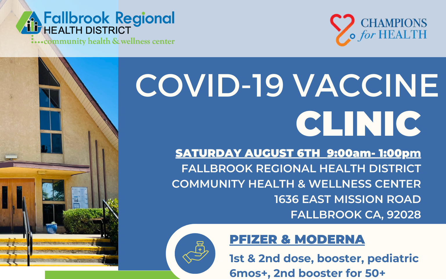 Flyer for COVID 19 Vaccination Clinic on August 6 from 9 am-1 pm