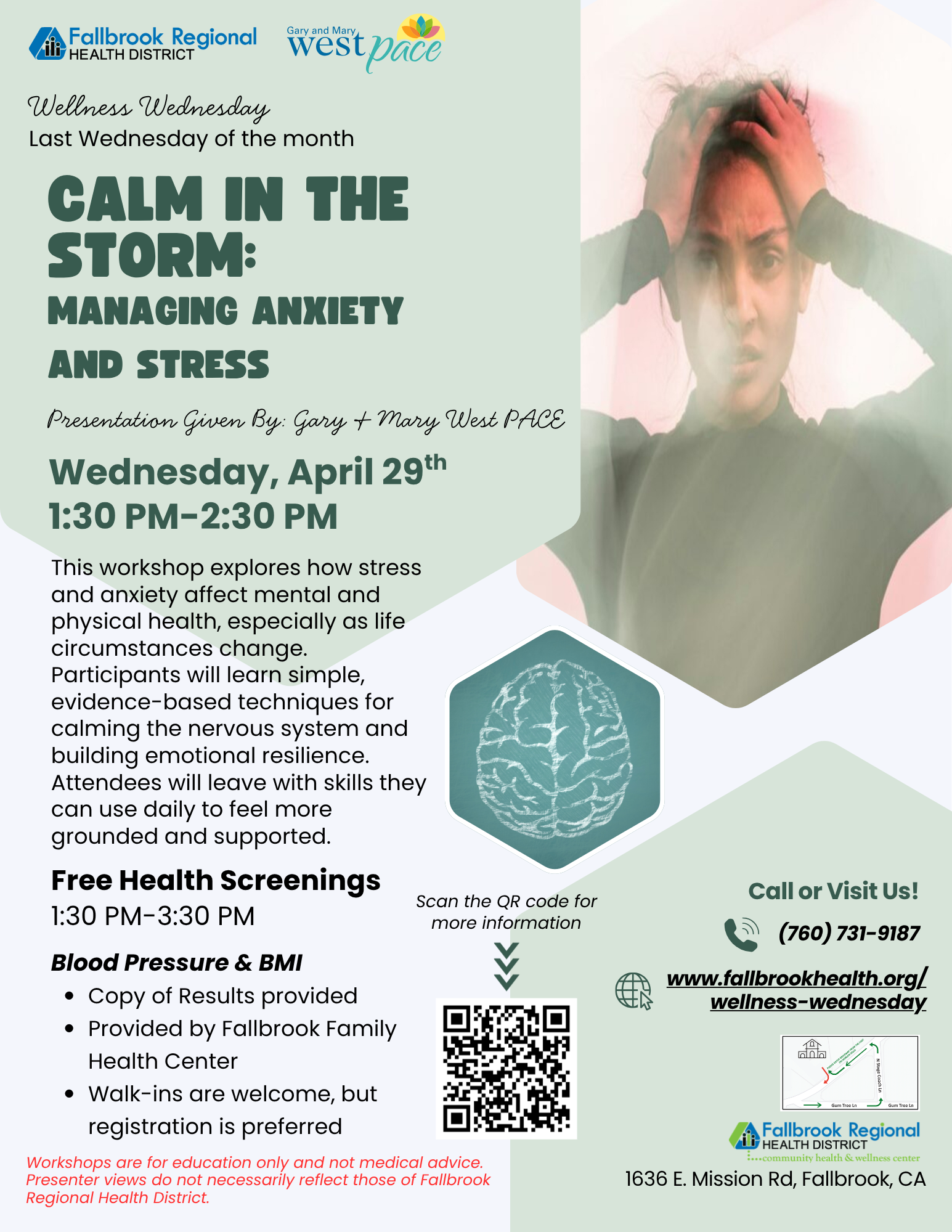 Workshop on managing anxiety and stress, April 29, 1:30–2:30 PM, at Fallbrook. Free health screenings from 1:30–3:30 PM.