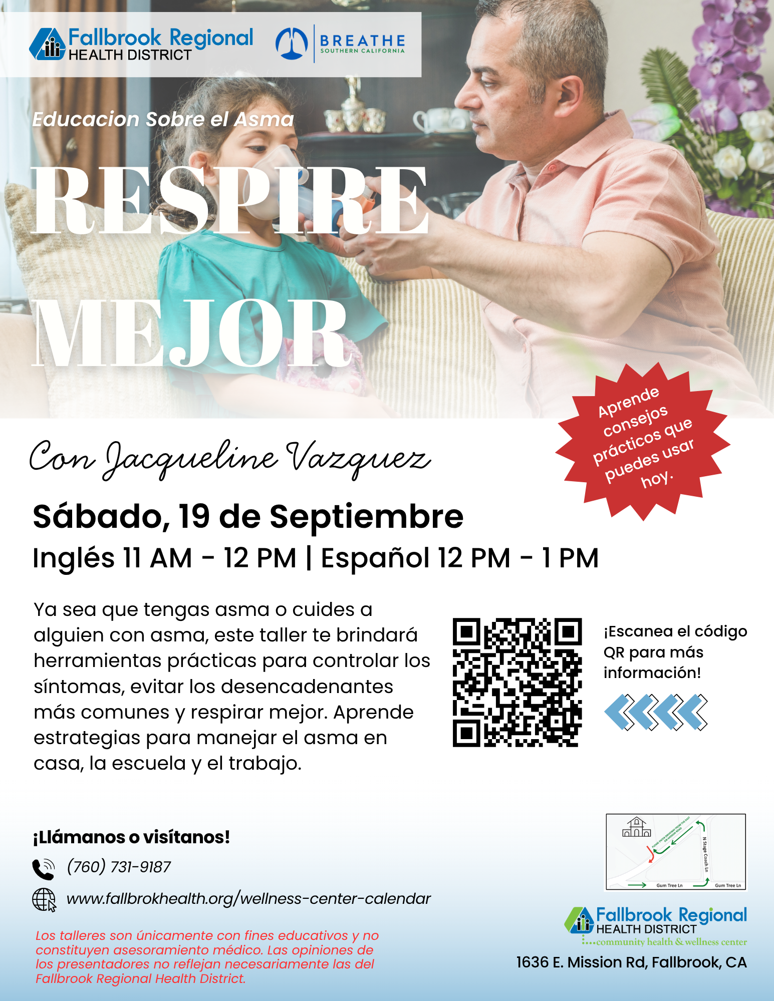 Workshop on asthma education, September 19, bilingual sessions: English 11 AM-12 PM, Spanish 12 PM-1 PM, Fallbrook, CA.