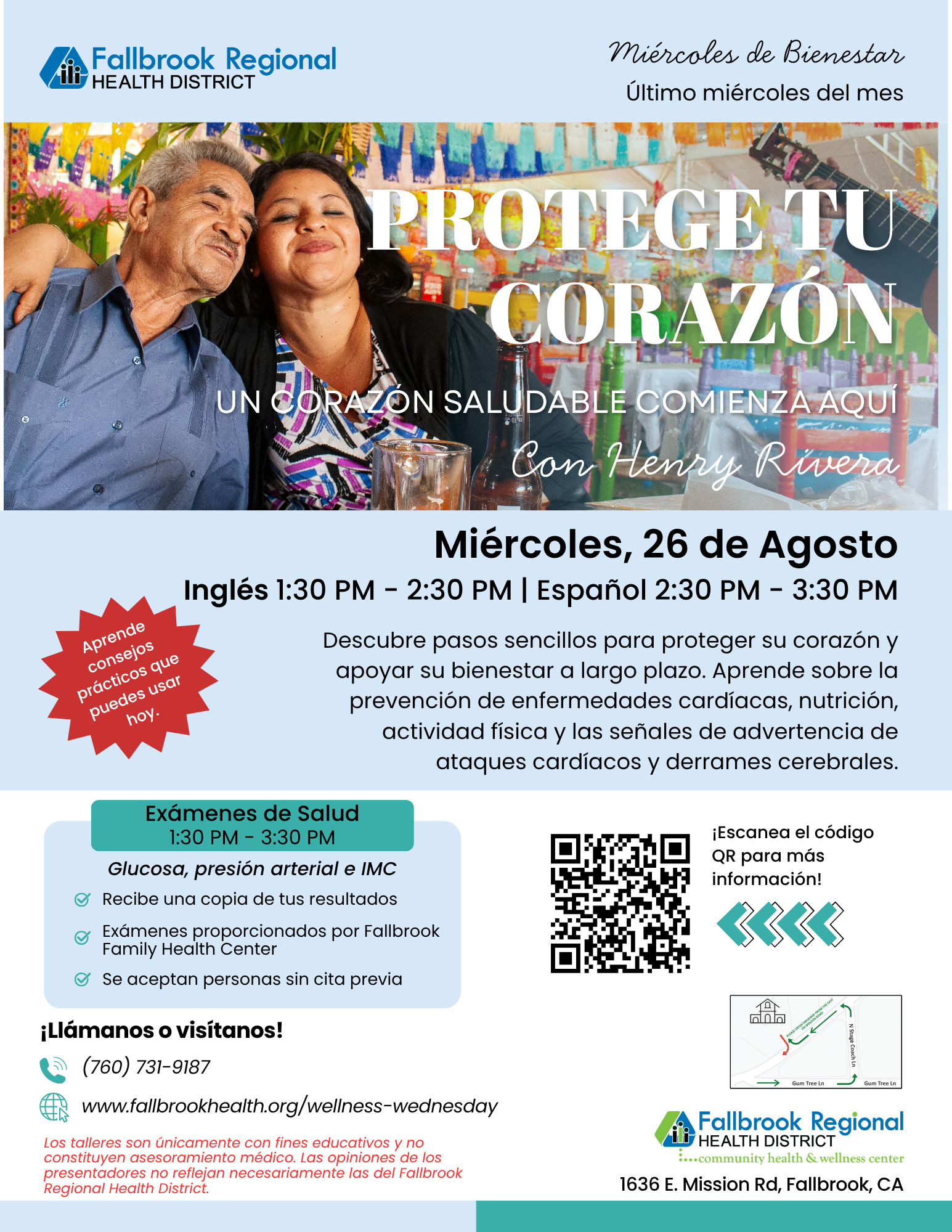 A health event on heart protection with health exams and tips, taking place on August 26 at Fallbrook Regional Health District.