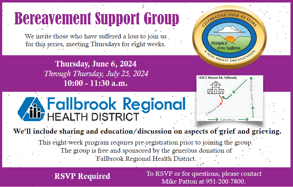 Flyer for a Bereavement Support Group, meeting details, map location, RSVP info, and sponsor logo.