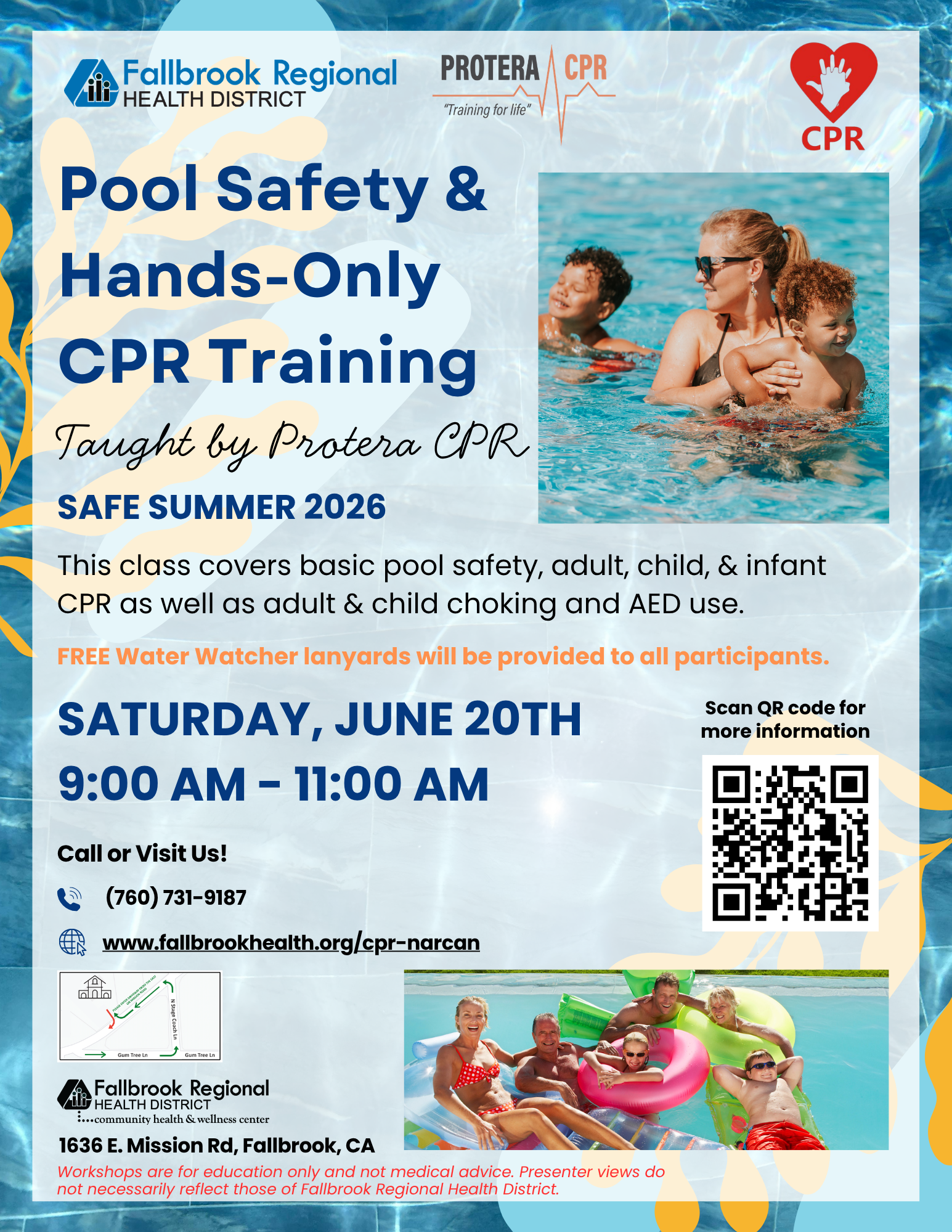 Pool Safety & Hands-Only CPR Training on June 20th, 9-11 AM, at Fallbrook. Covers CPR for all ages. Free lanyards included!