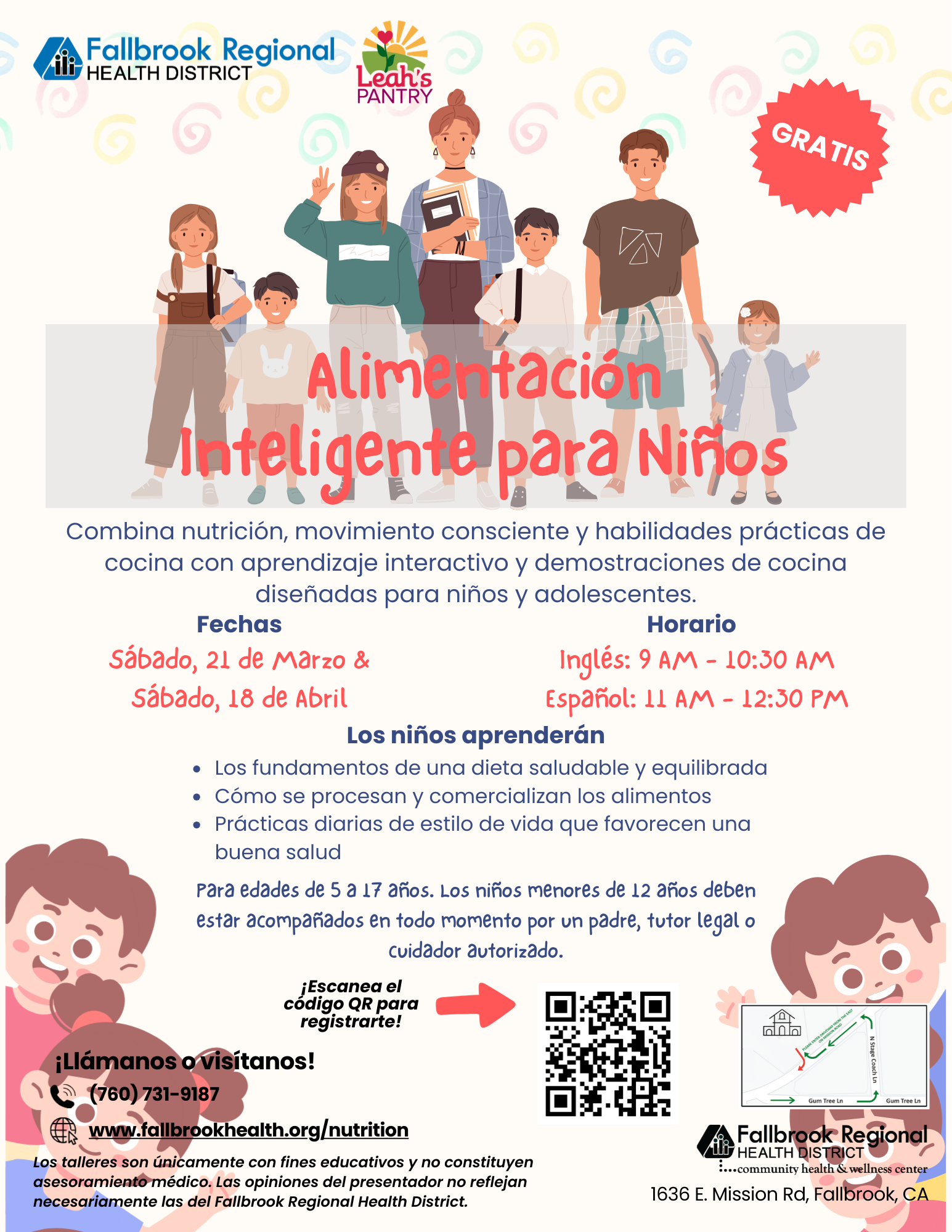 Free cooking and nutrition workshops for kids, ages 5-17, on March 21 and April 18 in Fallbrook, CA. Colors are vibrant!