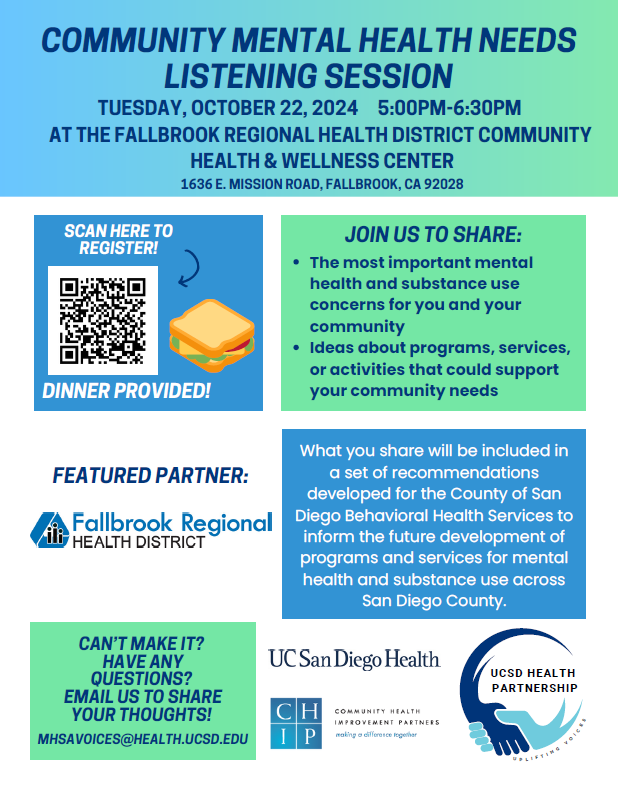 Flyer for a Community Mental Health Needs Listening Session on October 22, 2024, with a QR code to register, and dinner provided.