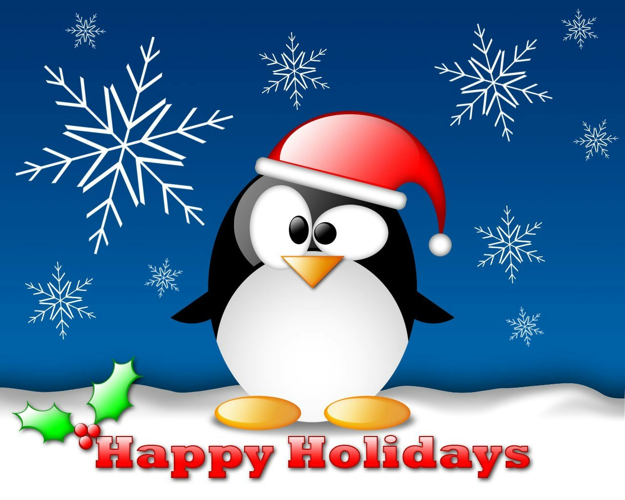 Cartoon penguin outdoors in snow with Happy Holidays greeting
