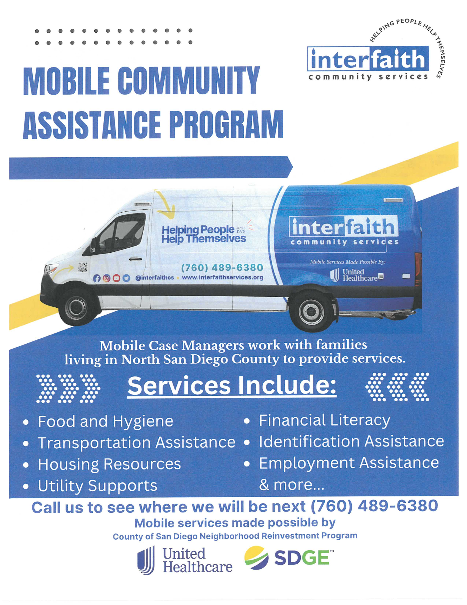 Flyer for a Mobile Community Assistance Program offering various services like food, hygiene, housing, and employment assistance in San Diego County.